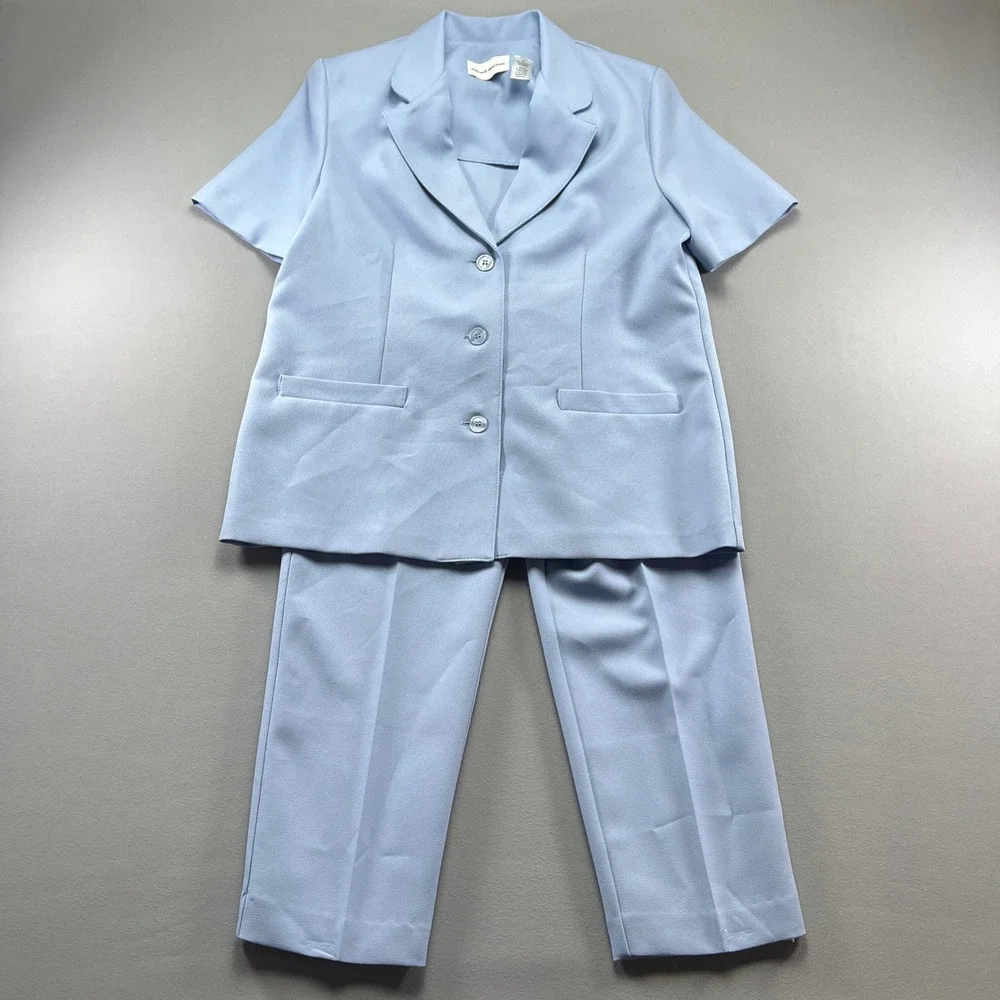 Alfred Dunner 2 Piece Pant Suit Set Women 12 Blue Notch Lapel Formal Office Wear